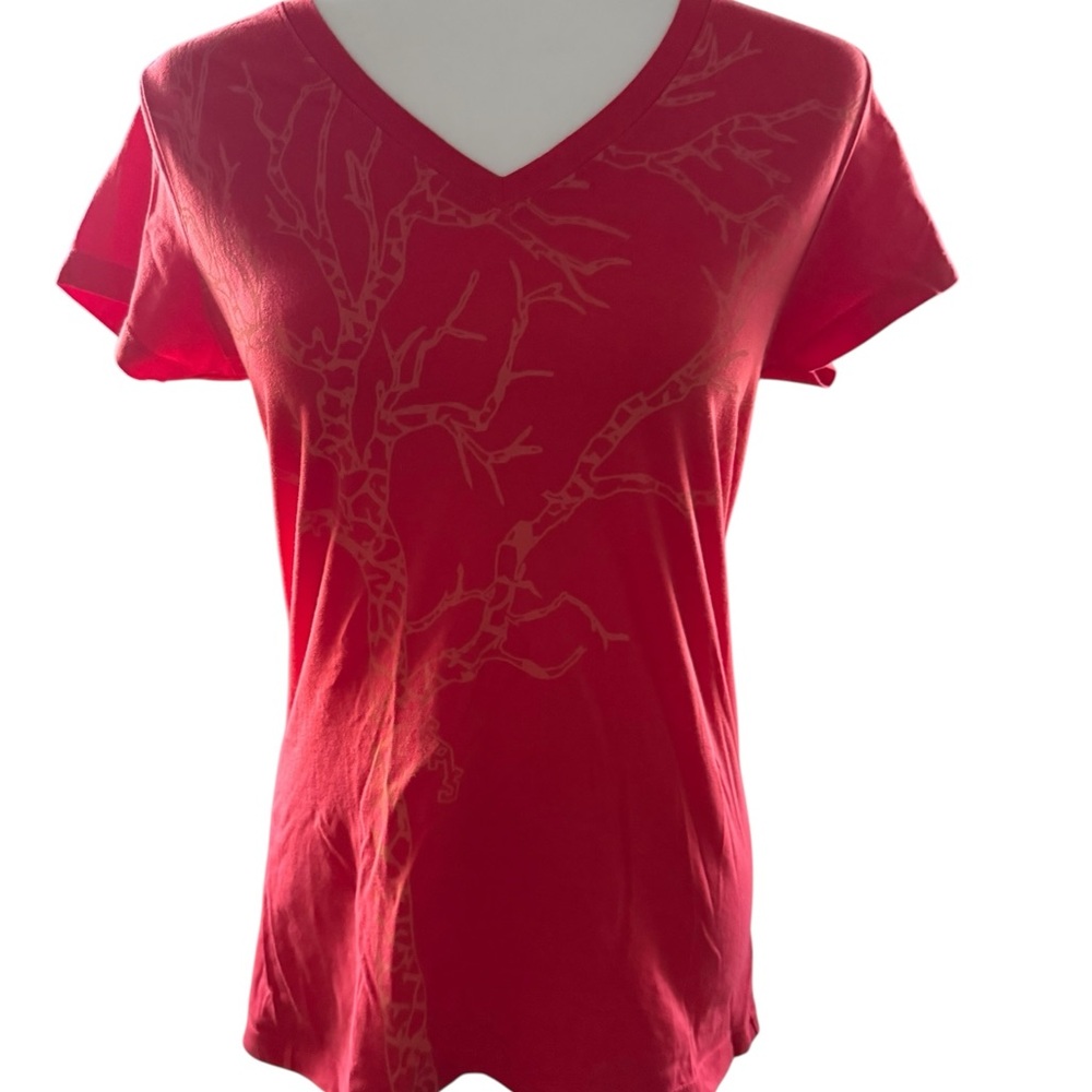Eastern Mountain Sports Red V-Neck Tee with Tree Design